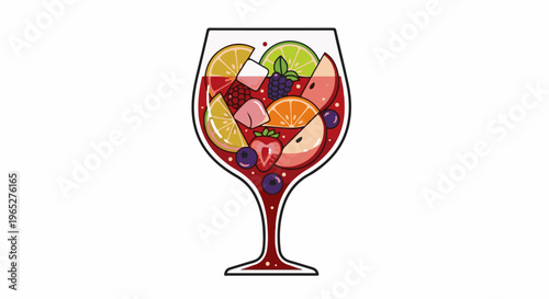 Refreshing red wine glass filled with colorful fruits and ice cubes