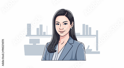 Professional woman in a suit smiles, with abstract office background