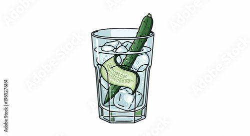 Refreshing tall glass with ice, cucumber slice and spear