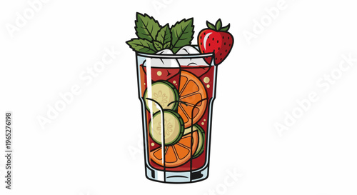 Refreshing tall glass of infused water with fruit, cucumber, mint, and strawberry