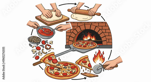 Process of making pizza from dough to brick oven to sliced pie