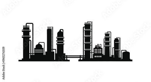 A stark black silhouette of an industrial cityscape with refinery structures