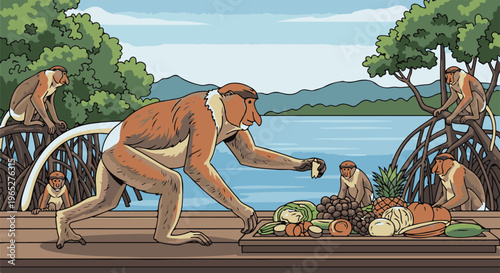 Proboscis monkeys gathered on a wooden platform with fruit, by calm water