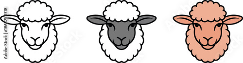 Set of minimalist sheep and ram icons in outline silhouette and colorful blue flat vector livestock animal styles.