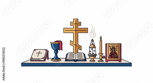 Religious altar with cross, chalice, open book, censer, candle, icon