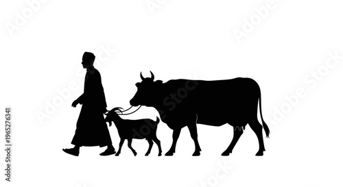 Eid ul Adha eid Cow, bull, and calf walking, black silhouette vector, farm animals, livestock icons isolated on White Background vector