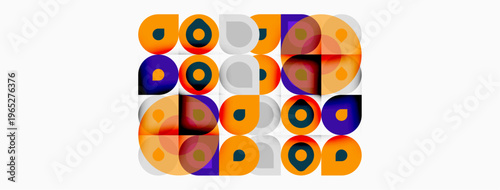 Colorful circles, squares overlap creating abstract pattern. Bright hues dominate white background. Modern geometric design.