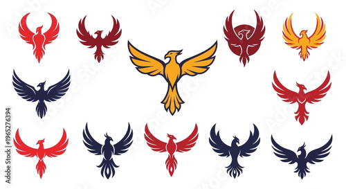 Collection of Stylized Phoenix Bird Illustrations in Various Colors.