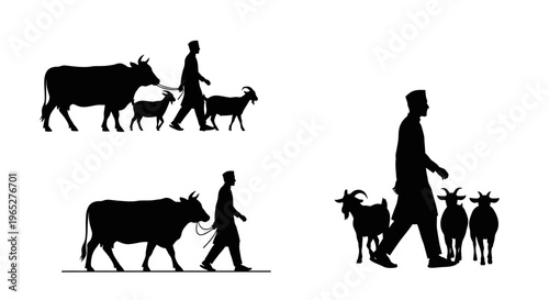 Eid ul Adha eid Cow, goat, sheep farmer silhouettes, livestock icons, farm animal graphics, agricultural symbols isolated on White Background vector