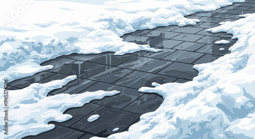 Pixelated winter scene showing a stone pathway partially covered by snow drifts