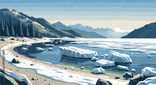 Pixelated winter scene of a snow-dusted coastline with ice floes