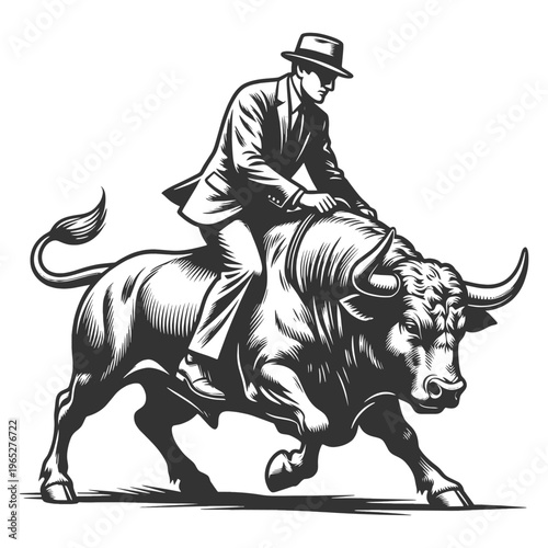 businessman in a suit riding a powerful bull, stock market speculation, financial risk, and aggressive investing sketch engraving vector illustration. Scratch board. Black and white.