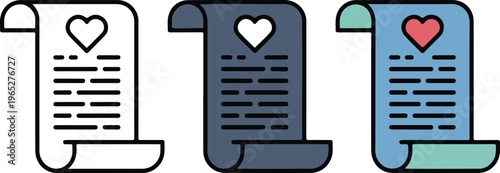 Set of minimalist antique scroll icons in outline silhouette and colorful brown flat vector papyrus manuscript styles.