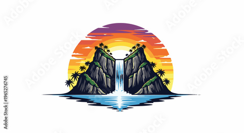Pixelated waterfall cascades down rocky cliffs amid palm trees with sunset