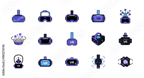 Collection of Virtual Reality Headsets and Technology Icons.