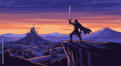 Pixelated warrior holding sword aloft on cliff overlooking valley and castle
