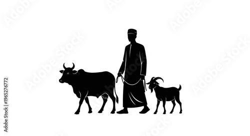 Eid ul Adha eid Farmer, cattle, goat, livestock, farm animals, silhouette isolated on White Background vector