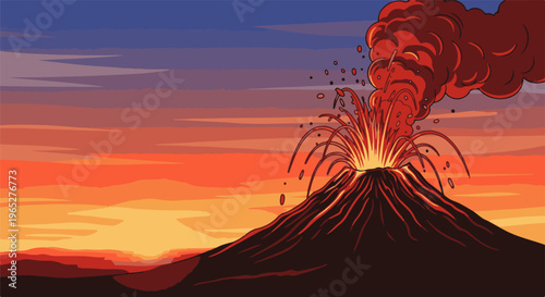 Pixelated volcano eruption at sunset spewing lava and ash into the sky