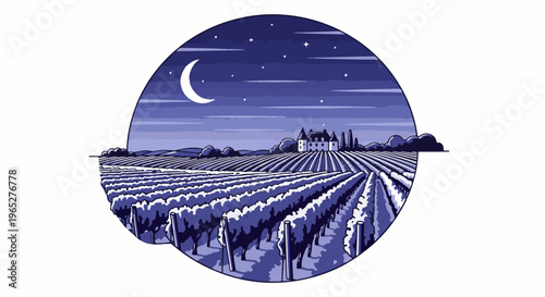 Pixelated vineyard scene with a chateau under a crescent moon