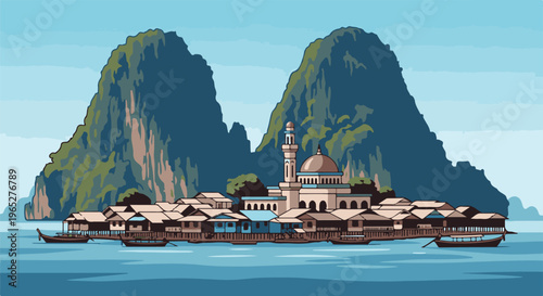 Pixelated village with a mosque sits on water beside lush, craggy mountains