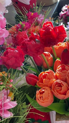 Vertical vibrant bouquet mixed flowers in shop, close detail showing pink hydrangea, red carnation and orange tulip clusters among green foliage. Plastic decorative flowers arranged indoors.