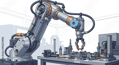 Industrial robotic arm in factory setting.