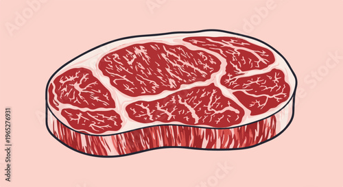 Raw steak with visible marbling and fat against a pale pink background