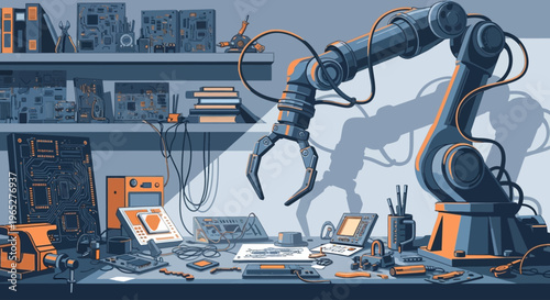 Robotic arm in industrial setting working.