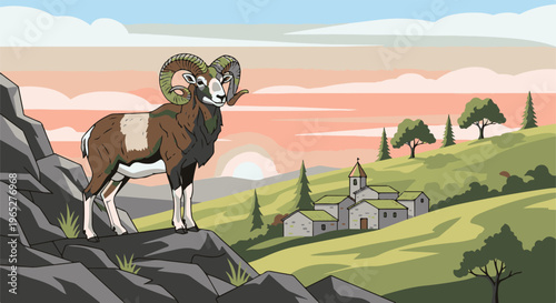 Ram on rocky cliff overlooks serene village at sunset