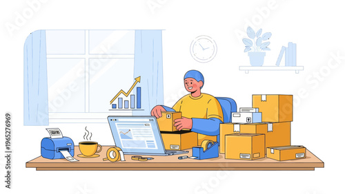 Man working on laptop with boxes.