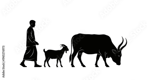 Eid ul Adha eid Farm animal silhouettes, livestock icons, cattle and goat, farmer illustration isolated on White Background vector