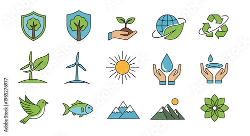 Collection of Eco-Friendly and Nature Icons for Environmental Awareness.