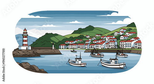 Quaint seaside village with a lighthouse and boats on a calm bay