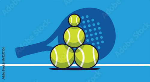 Pyramid of tennis balls on a court with a racket shadow