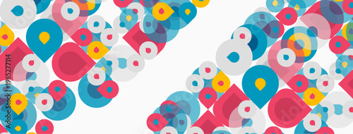 Colorful circles overlap, creating abstract pattern. Diagonal lines define composition, vibrant hues dominate design.