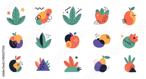 Colorful abstract shapes and leaves.