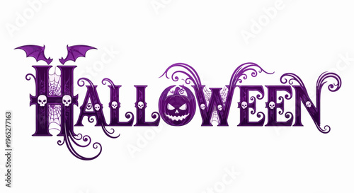 Purple Halloween text with bats, skulls, spiderwebs, and a jack-o'-lantern