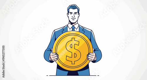 Businessman Holding Large Gold Coin.