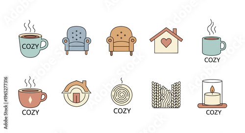 Cozy Home Icons Set Featuring Warm Drinks and Furniture.