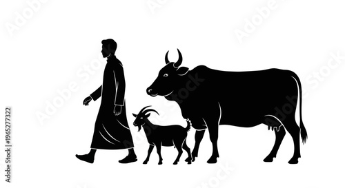 Eid ul Adha eid Black silhouette of farmer with cow and goat, rural scene, farm animals, vector icons isolated on White Background vector