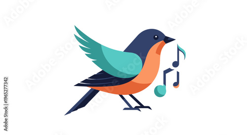 Colorful Bird Singing Music Notes.