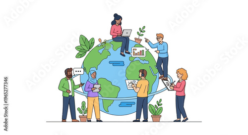 Diverse people holding a globe together.