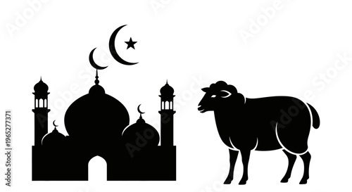 Eid ul Adha eid Eid al-Adha, Islamic, mosque, ram silhouette, crescent moon star isolated on White Background vector