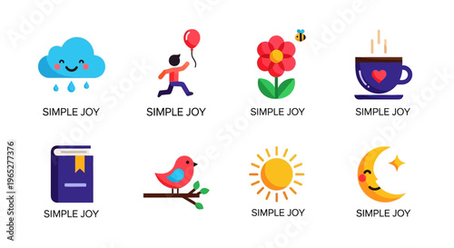 Collection of Simple Joy Icons Representing Happiness and Contentment.