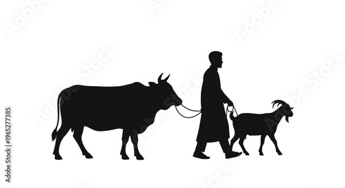 Eid ul Adha eid Farm animals, livestock, cow, goat, herder, black silhouette, vector icons isolated on White Background vector
