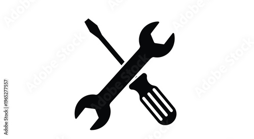 Black silhouette illustration of a wrench and a screwdriver crossing