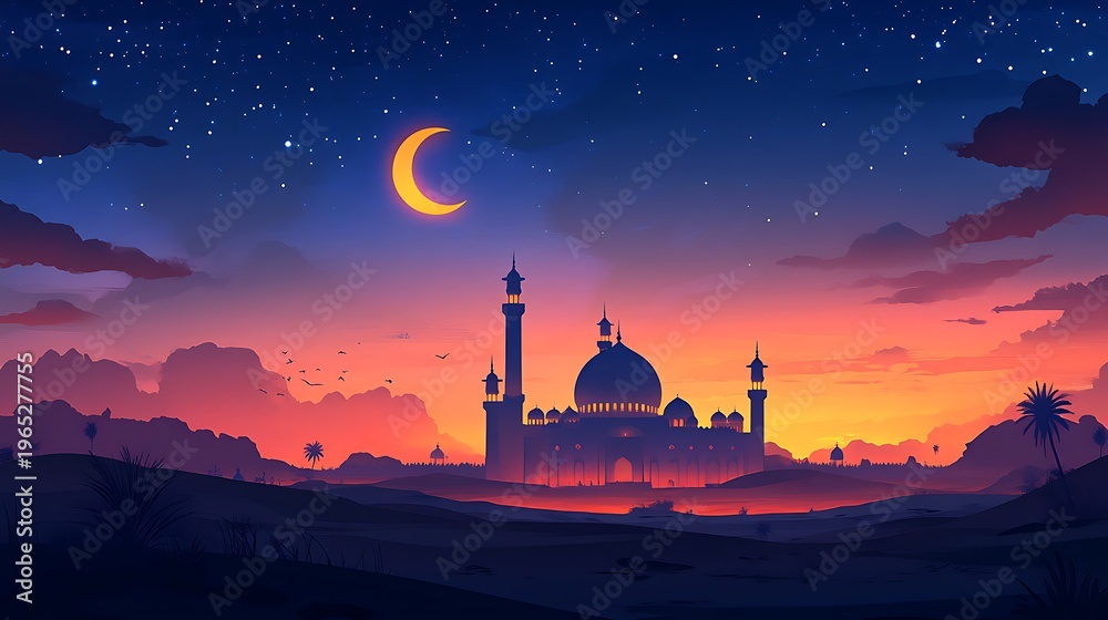 Obraz premium Mosque silhouette at sunset with crescent moon