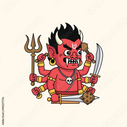 A cartoon-style illustration of a red-skinned demonic figure with multiple arms, horns, and sharp teeth, wielding weapons and jewelry