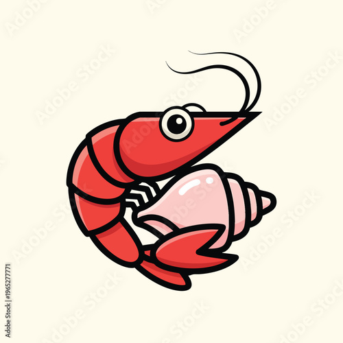 A cartoon-style illustration of a red shrimp cradling a pink conch shell. Outlines are black with a light-yellow background. The shrimp has large eyes