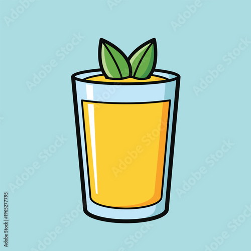 A cartoon-style illustration of a refreshing beverage in a tall glass, garnished with two green leaves on a light blue background